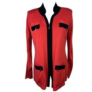 Exclusively Misook Red/Orange And Black Zip Front Cardigan